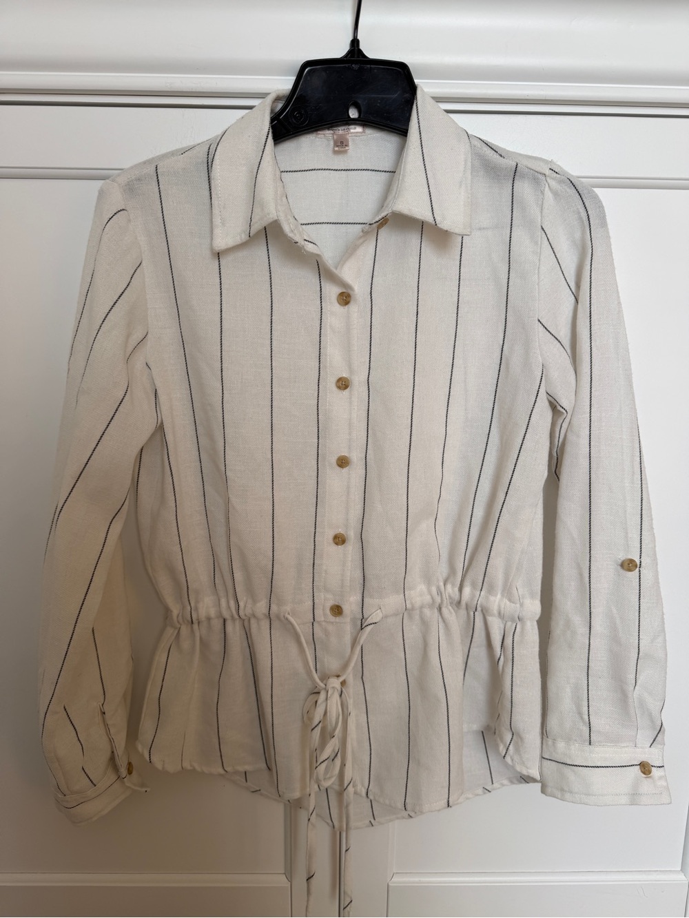 Women's Cream Striped Button-Front Drawstring Shirt